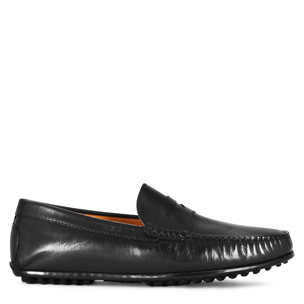 Mocassino casual da uomo in pelle colore nero con suola con gommini - LeonardoShoes