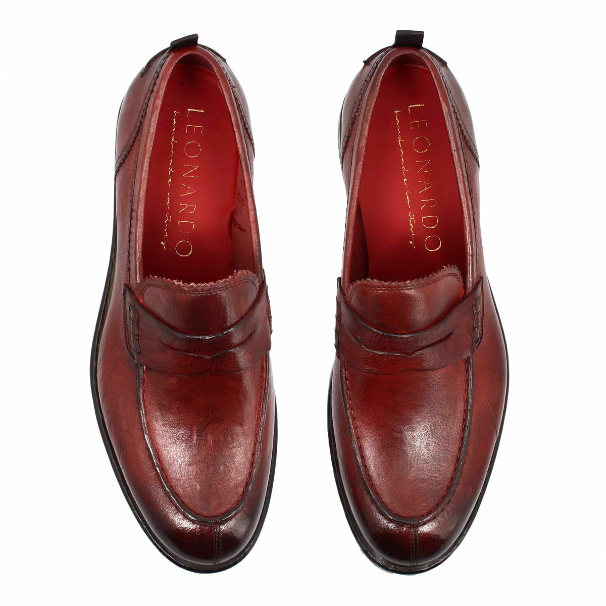 Mocassino college da uomo in pelle pregiata bordeaux - LeonardoShoes