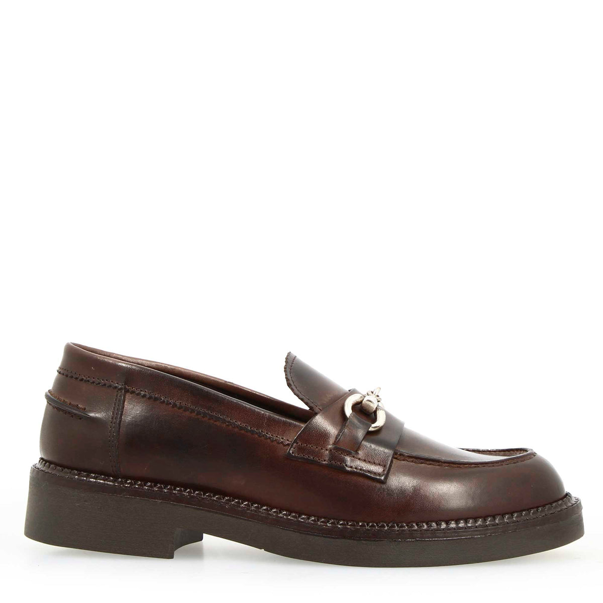 Mocassino da donna fondo robusto in pelle marrone scuro con fibbia - LeonardoShoes