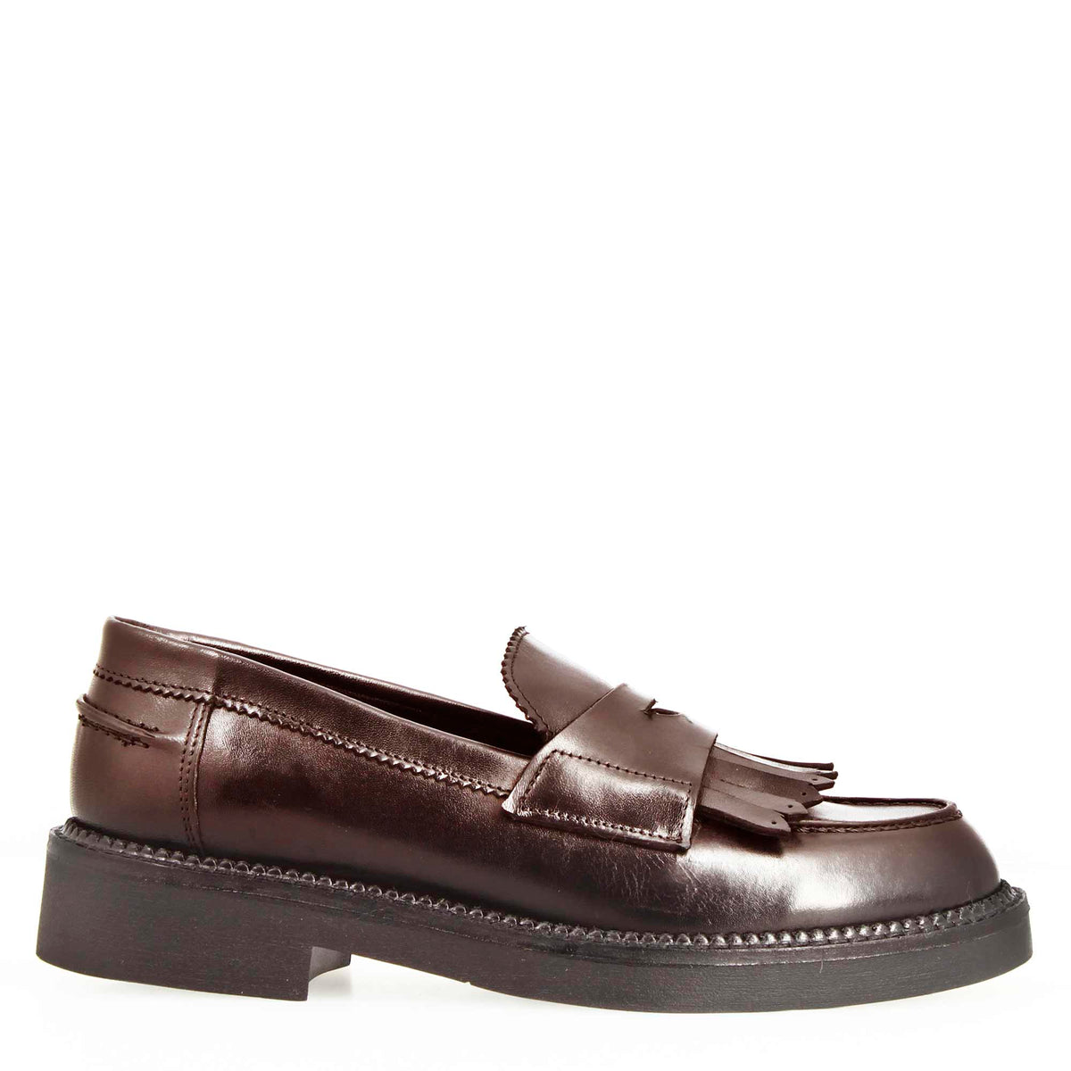 Mocassino da donna fondo robusto in pelle marrone scuro con frange - LeonardoShoes