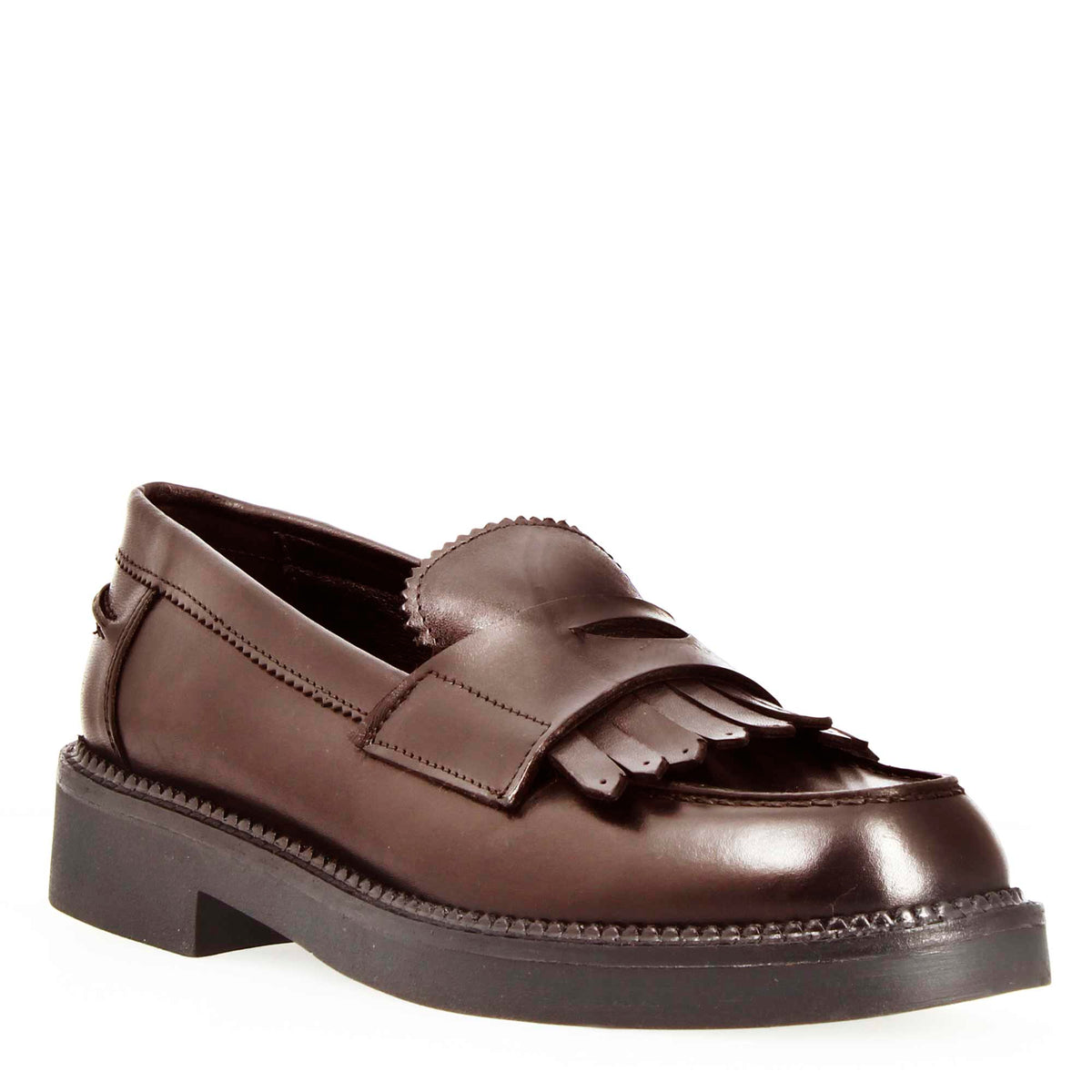 Mocassino da donna fondo robusto in pelle marrone scuro con frange - LeonardoShoes