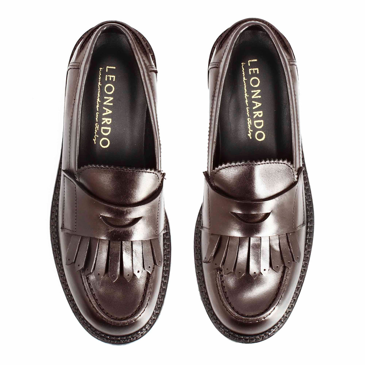 Mocassino da donna fondo robusto in pelle marrone scuro con frange - LeonardoShoes