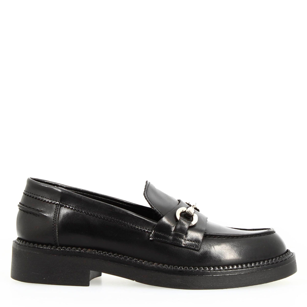 Mocassino da donna fondo robusto in pelle nera con fibbia - LeonardoShoes