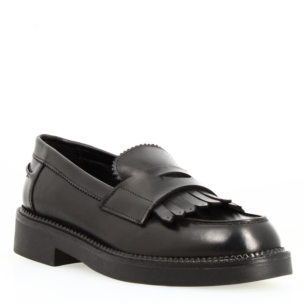 Mocassino da donna fondo robusto in pelle nera con frange - LeonardoShoes