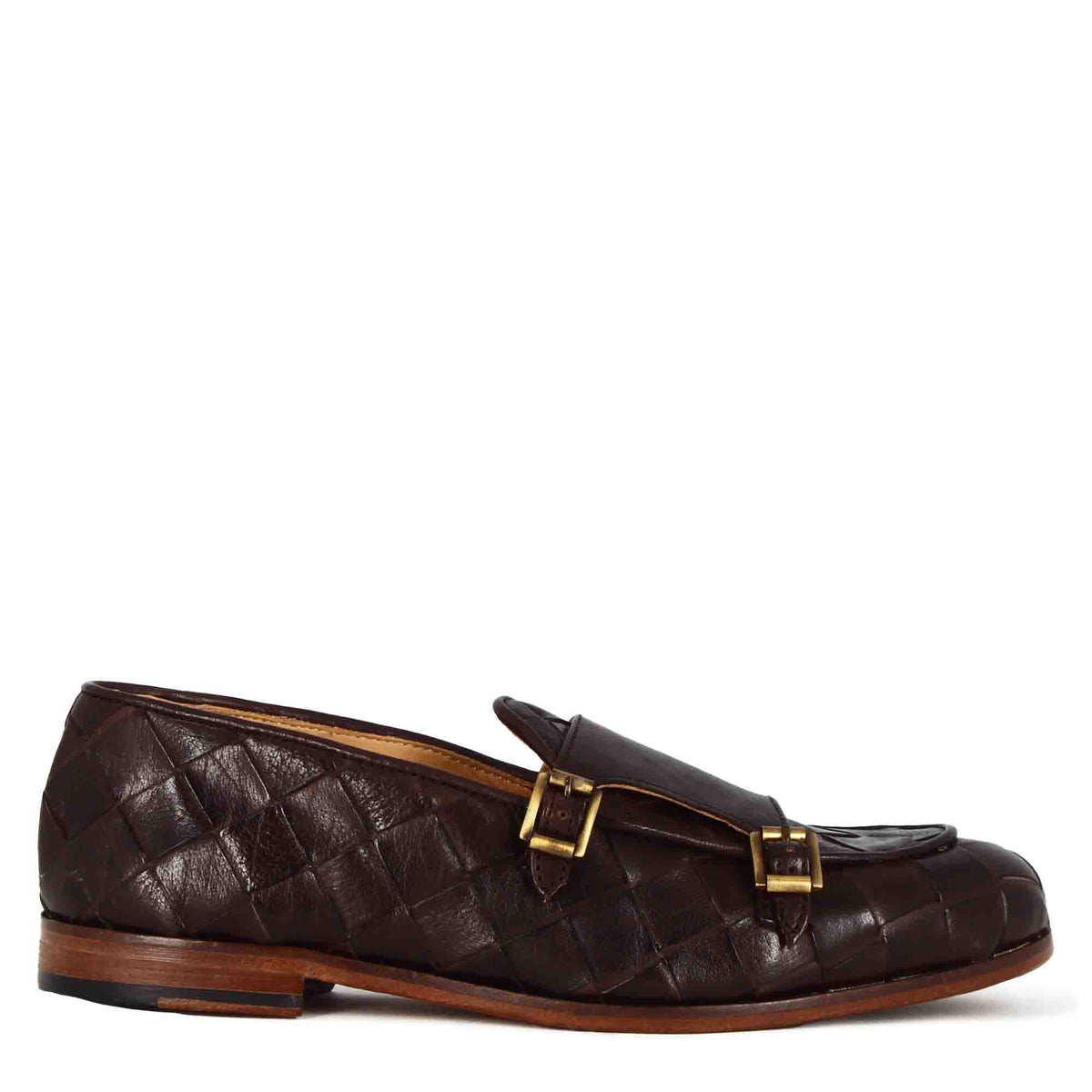 Mocassino marrone scuro con doppia fibbia dorata da uomo in pelle intrecciata - LeonardoShoes