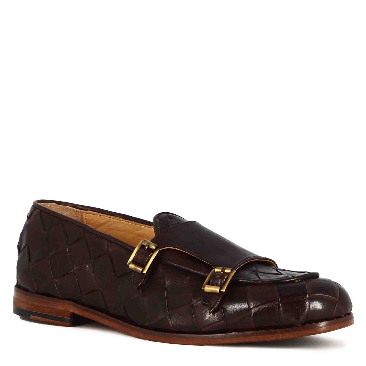 Mocassino marrone scuro con doppia fibbia dorata da uomo in pelle intrecciata - LeonardoShoes