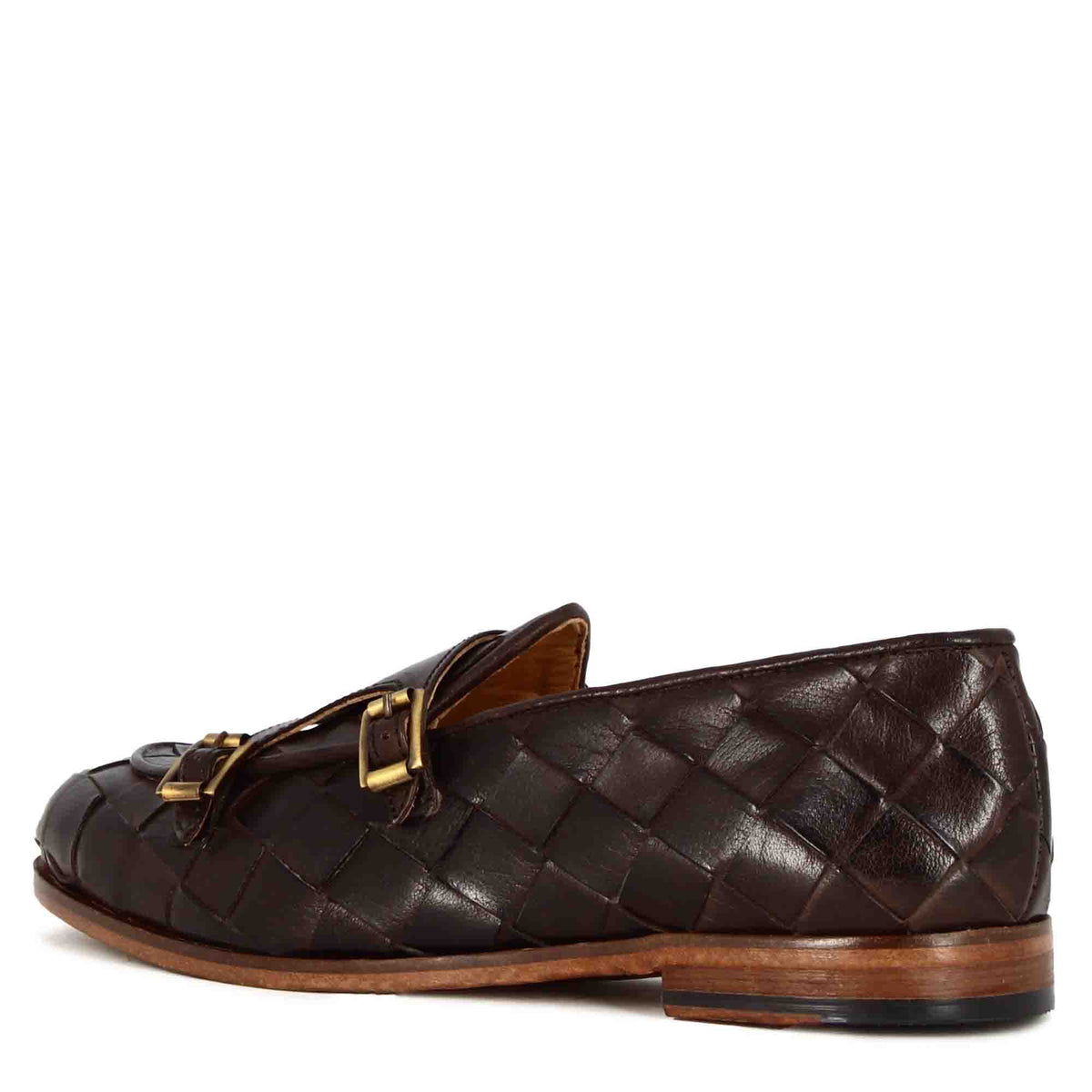 Mocassino marrone scuro con doppia fibbia dorata da uomo in pelle intrecciata - LeonardoShoes
