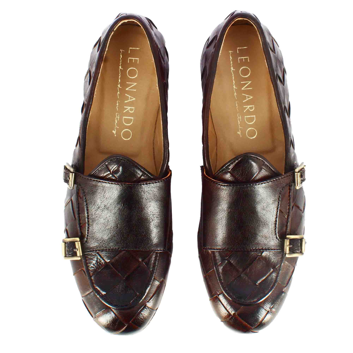 Mocassino marrone scuro con doppia fibbia dorata da uomo in pelle intrecciata - LeonardoShoes