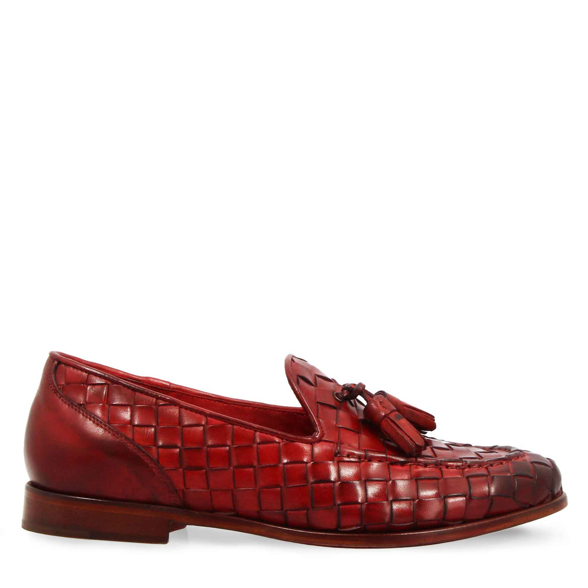 Mocassini da donna artigianali in pelle intrecciata rossa con nappine - LeonardoShoes