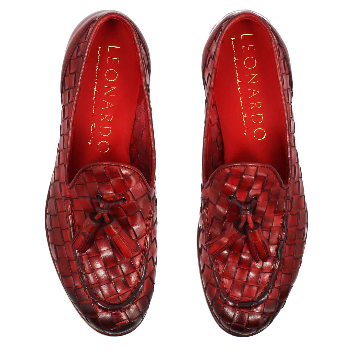 Mocassini da donna artigianali in pelle intrecciata rossa con nappine - LeonardoShoes