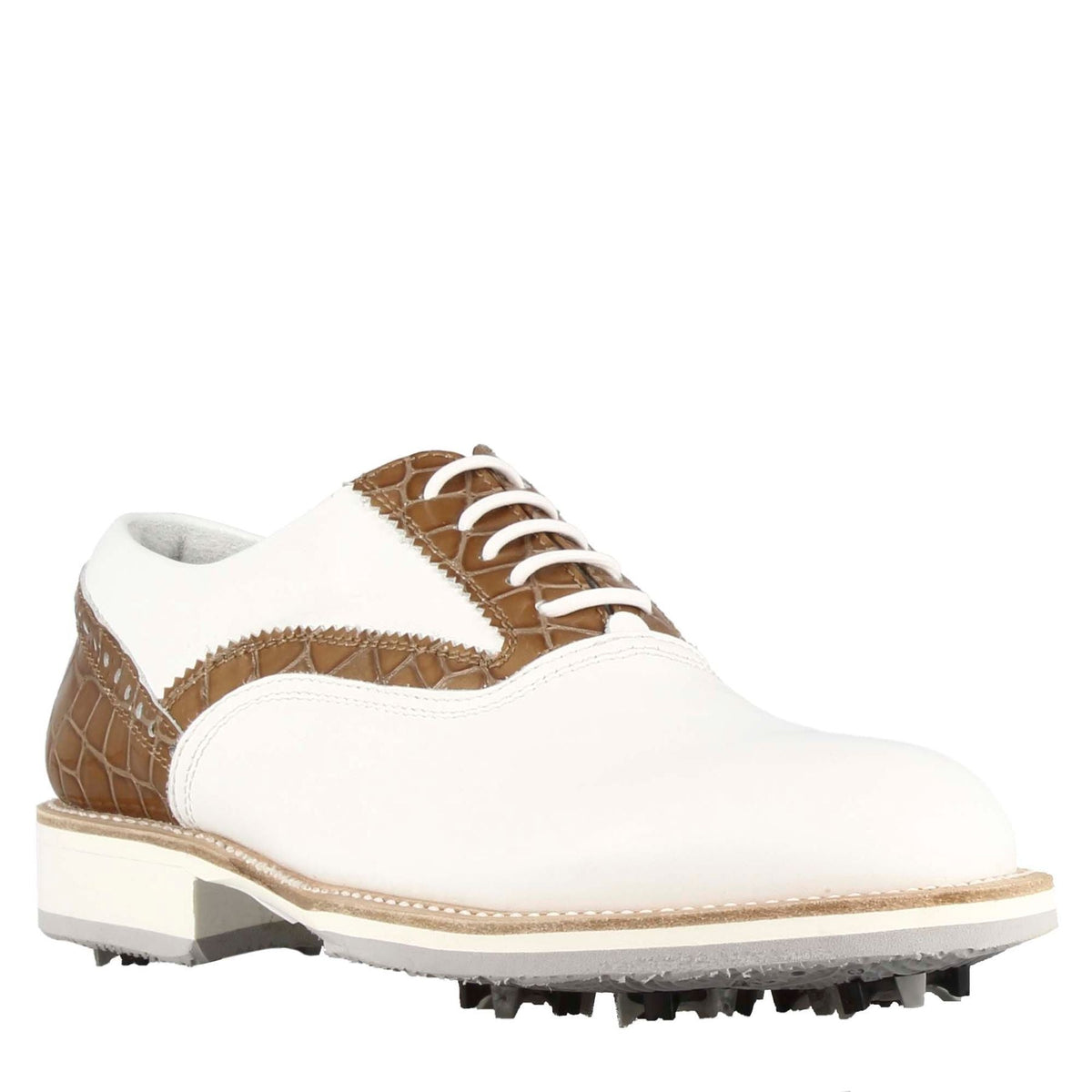 Scarpe da golf artigianali in pelle bianca con dettagli in colore marrone chiaro. - LeonardoShoes