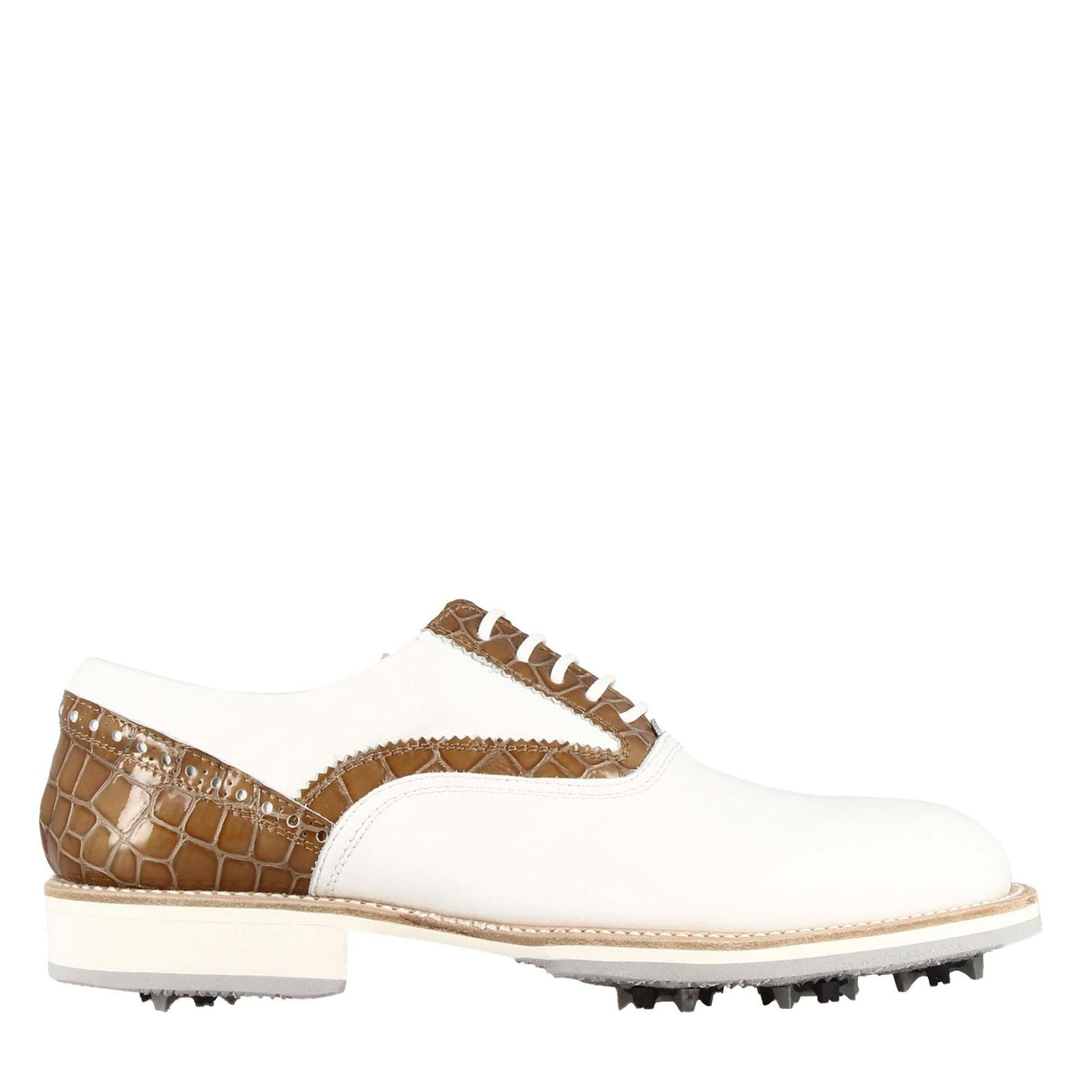 Scarpe da golf artigianali in pelle bianca con dettagli in colore marrone chiaro. - LeonardoShoes