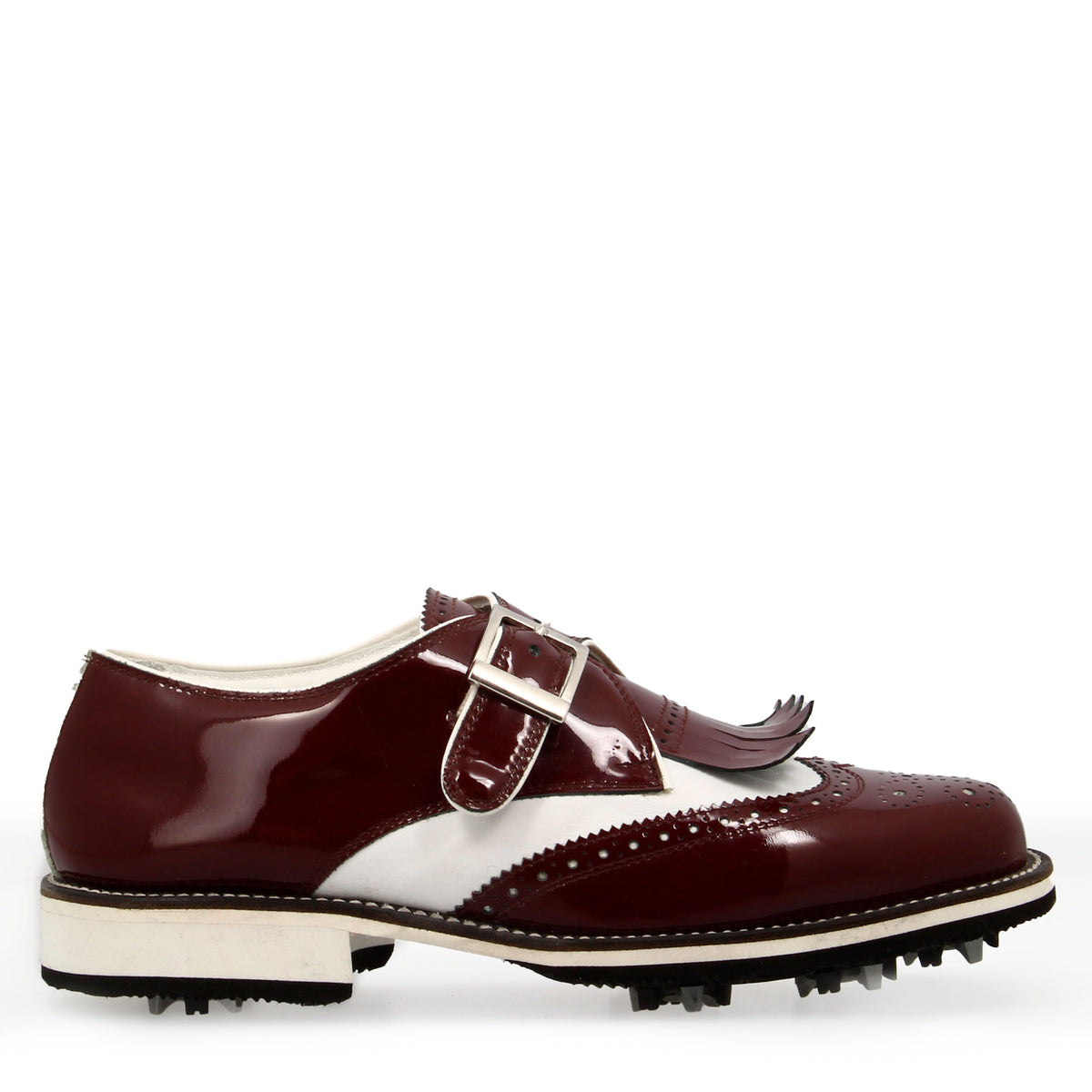 Scarpe con fibbia da golf in pelle bianca e vernice bordeaux - LeonardoShoes