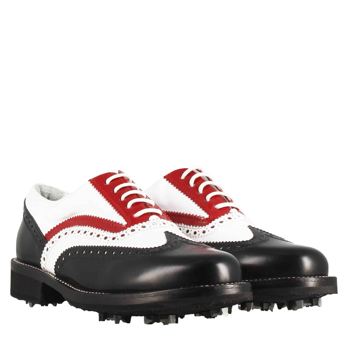 Scarpe da golf artigianali in pelle pieno fiore nero bianco rosso - LeonardoShoes