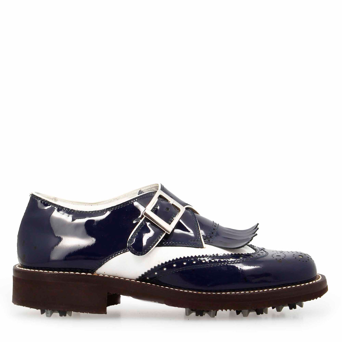 Scarpe con fibbia da golf in pelle bianca e vernice blu - LeonardoShoes
