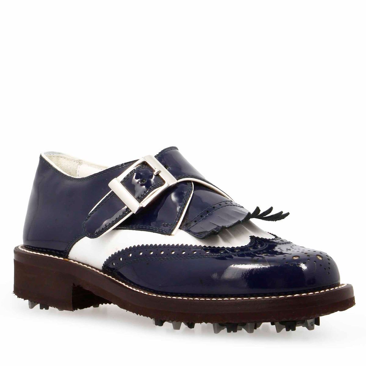 Scarpe con fibbia da golf in pelle bianca e vernice blu - LeonardoShoes