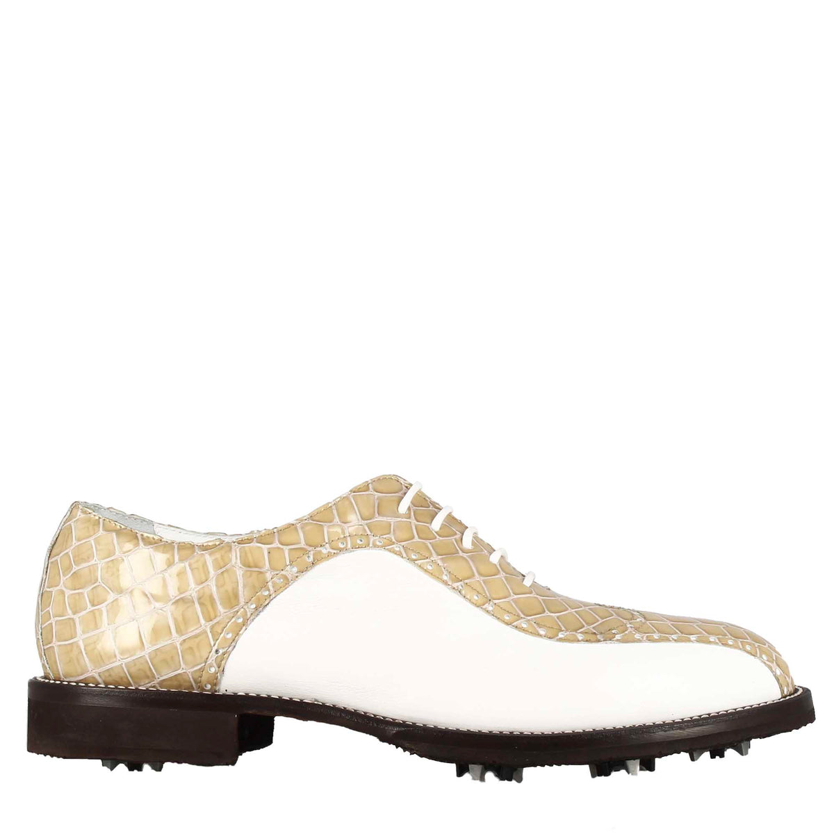 Scarpe da golf in pelle bicolore bianca e beige con stampa cocco - LeonardoShoes