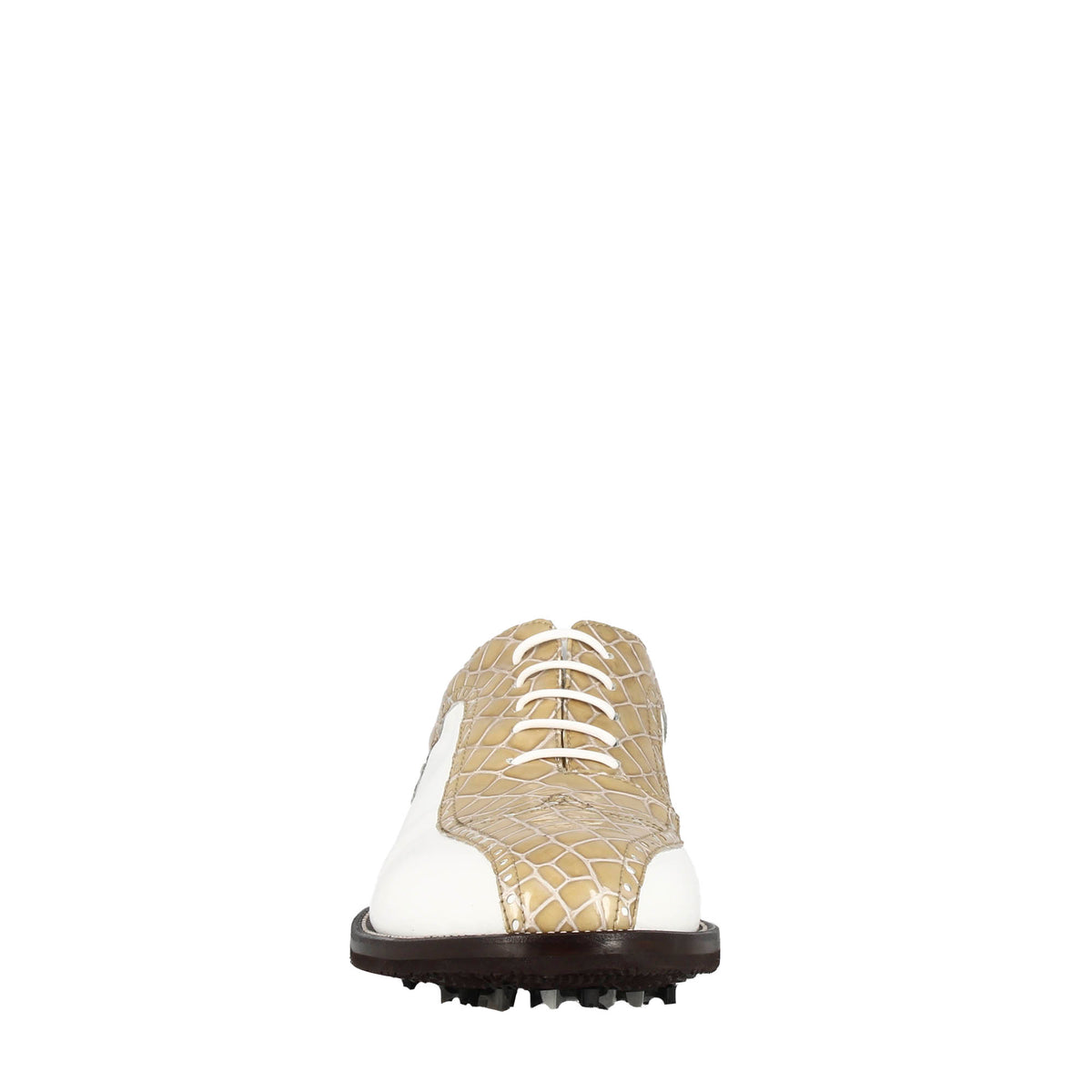 Scarpe da golf in pelle bicolore bianca e beige con stampa cocco - LeonardoShoes