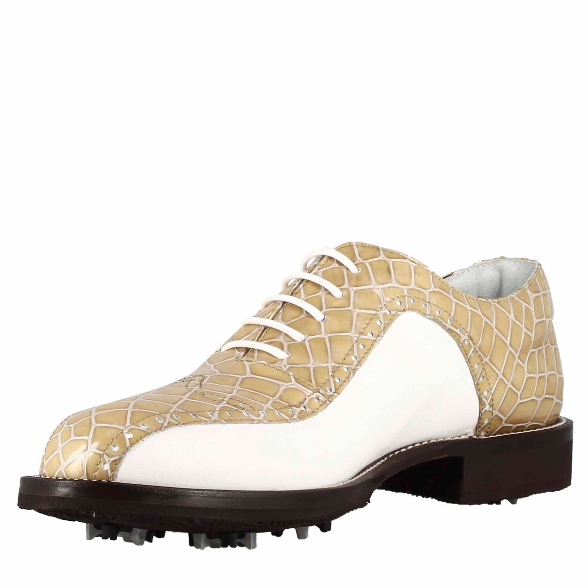 Scarpe da golf in pelle bicolore bianca e beige con stampa cocco - LeonardoShoes
