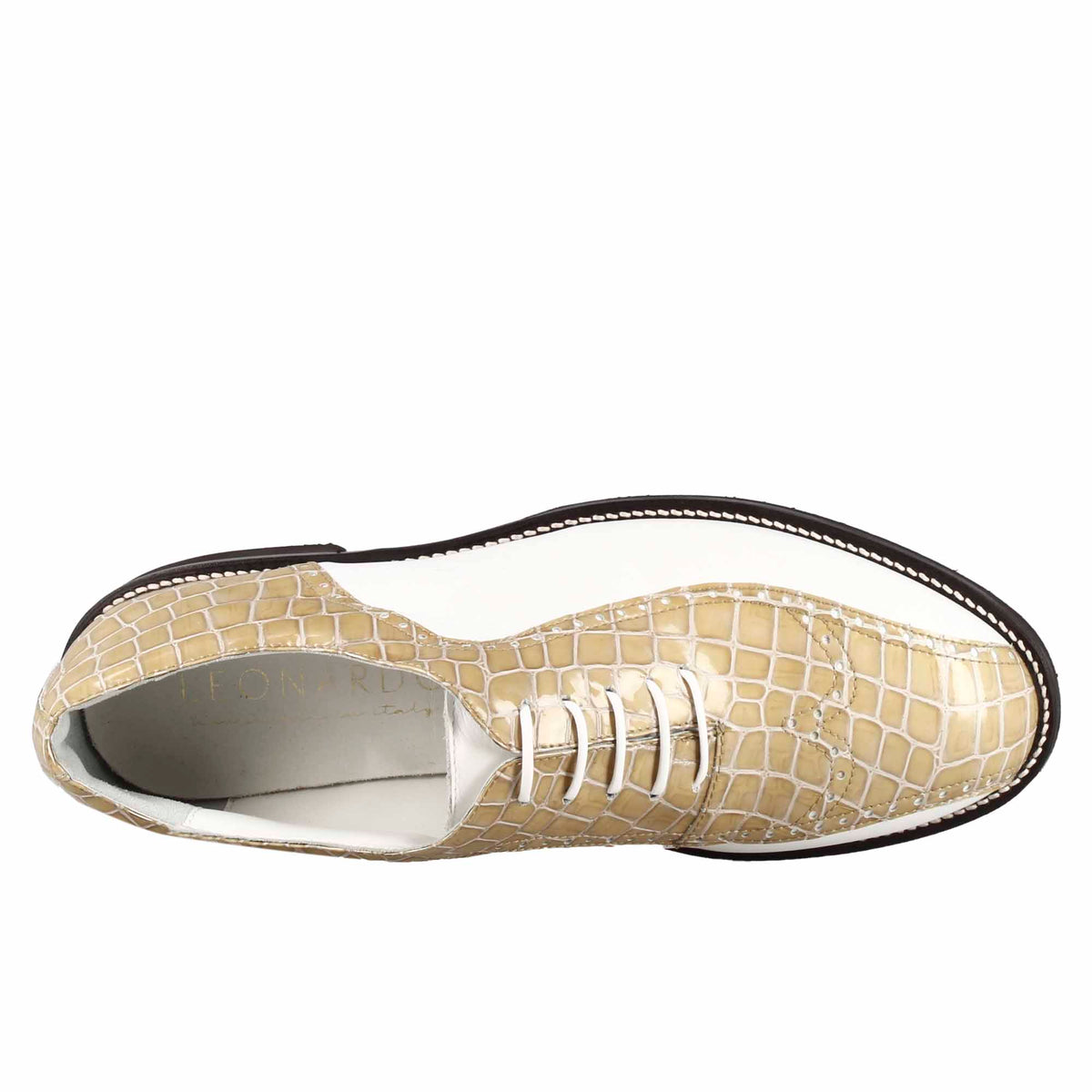Scarpe da golf in pelle bicolore bianca e beige con stampa cocco - LeonardoShoes