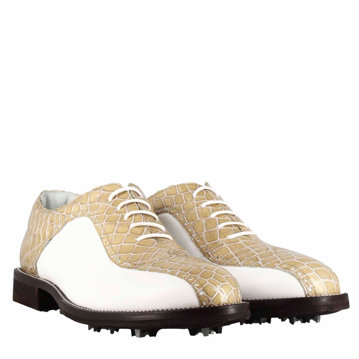Scarpe da golf in pelle bicolore bianca e beige con stampa cocco - LeonardoShoes