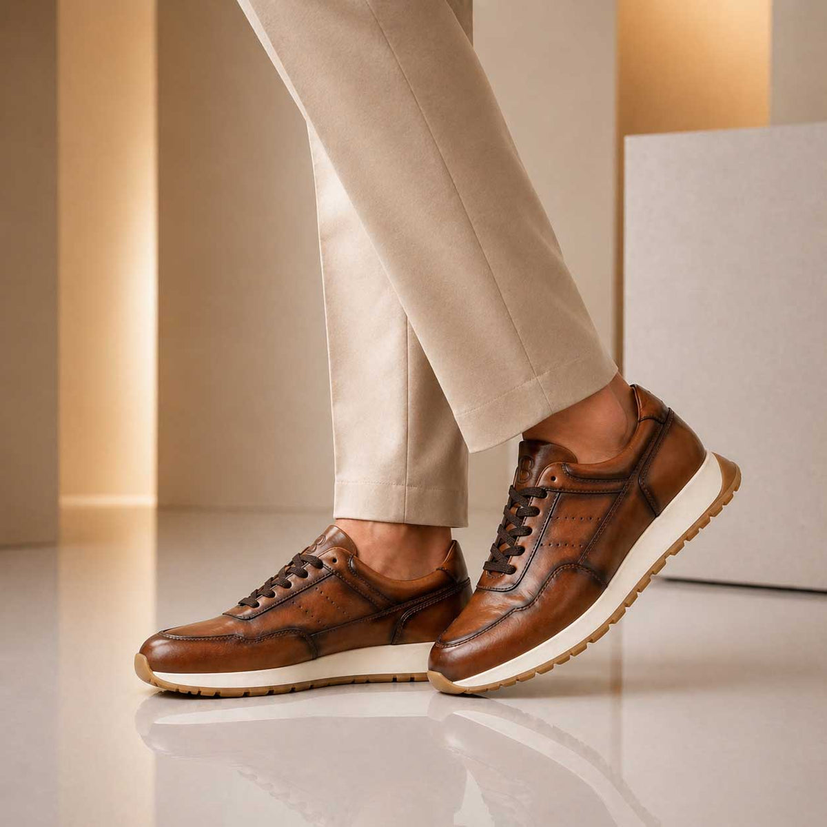 Sneaker artigianale Ateneo da uomo in pelle marrone chiaro sfumato - LeonardoShoes