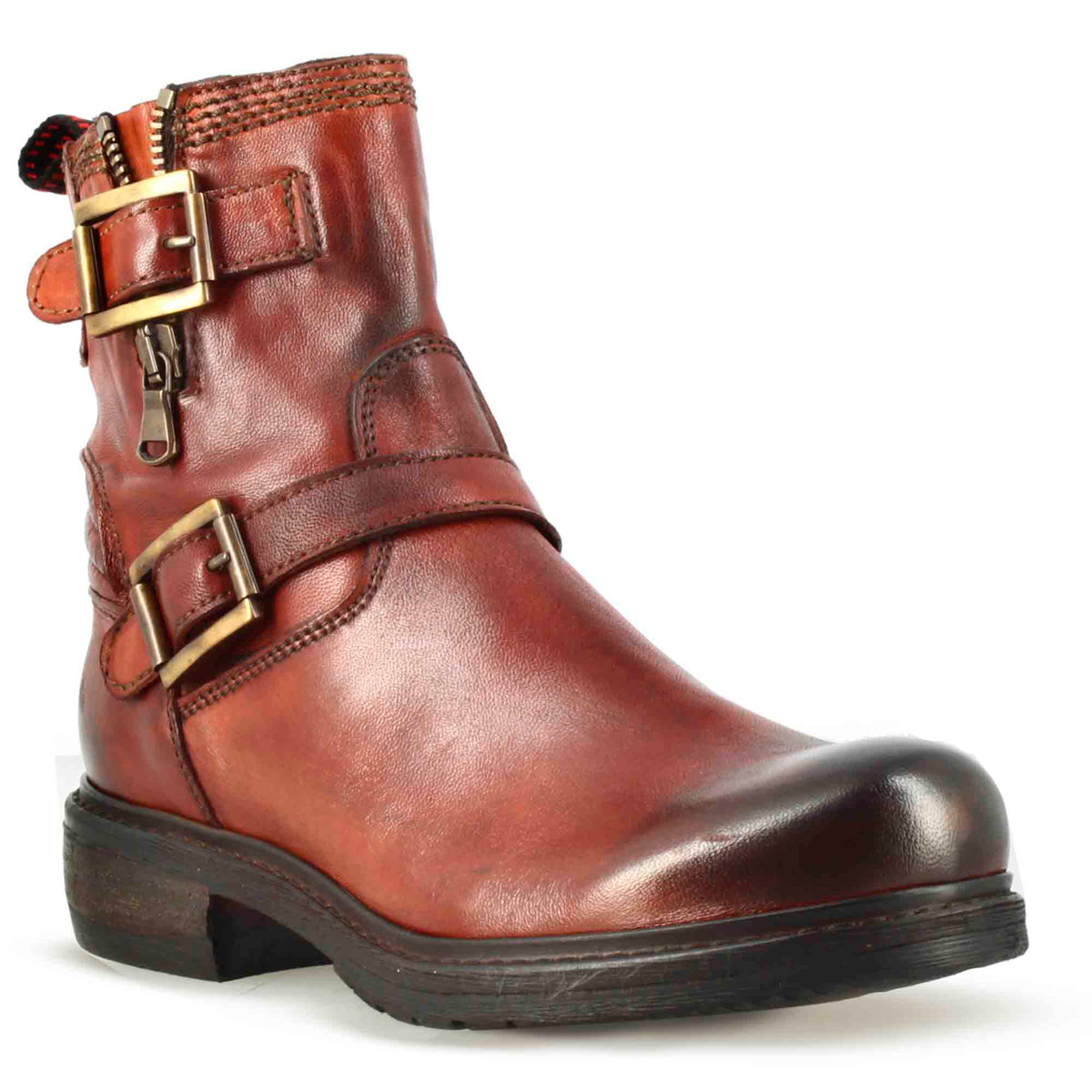 Stivaletto da donna con doppia fibbia in vera pelle colore rosso - LeonardoShoes
