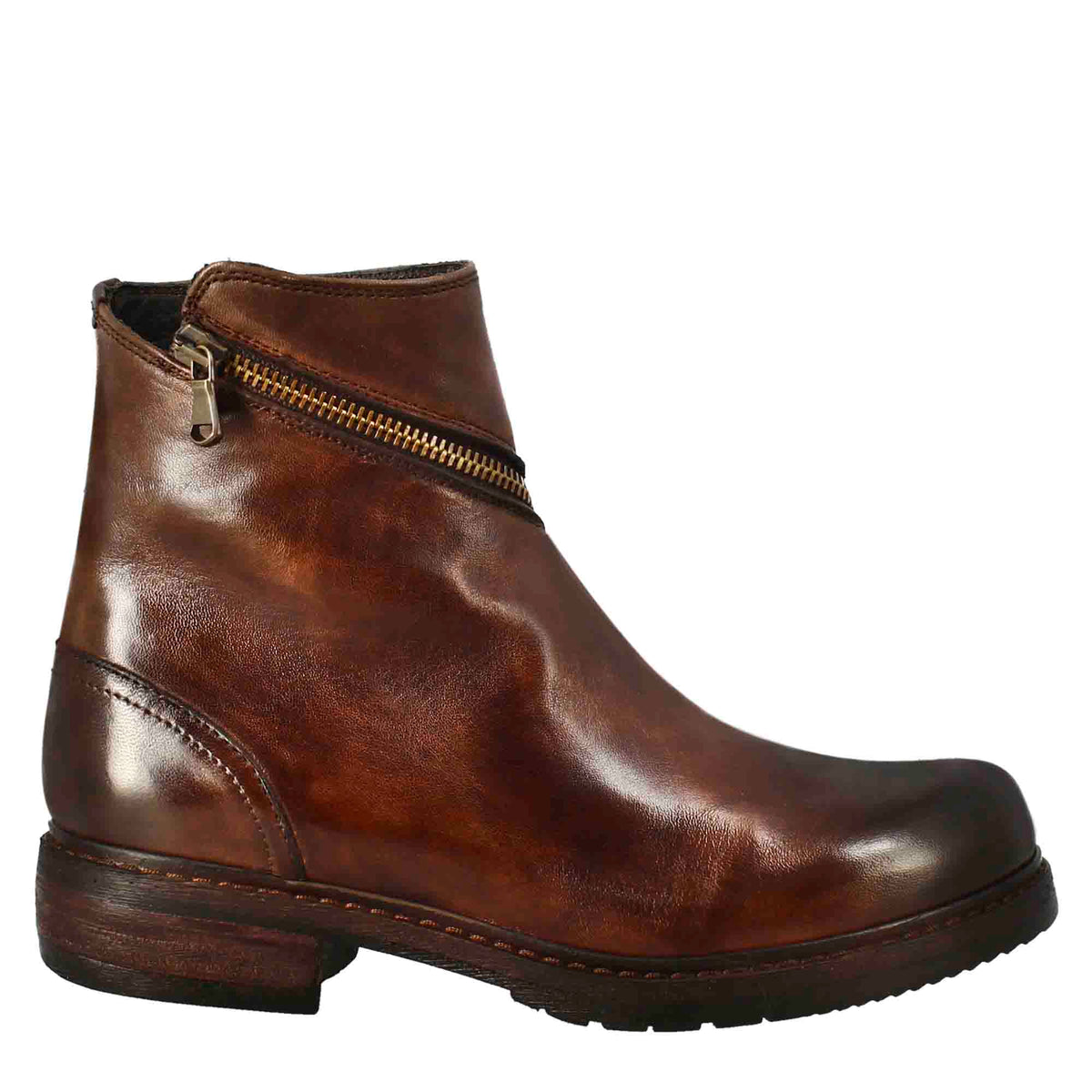 Stivaletto da donna in pelle lavata colore marrone con zip diagonale - LeonardoShoes