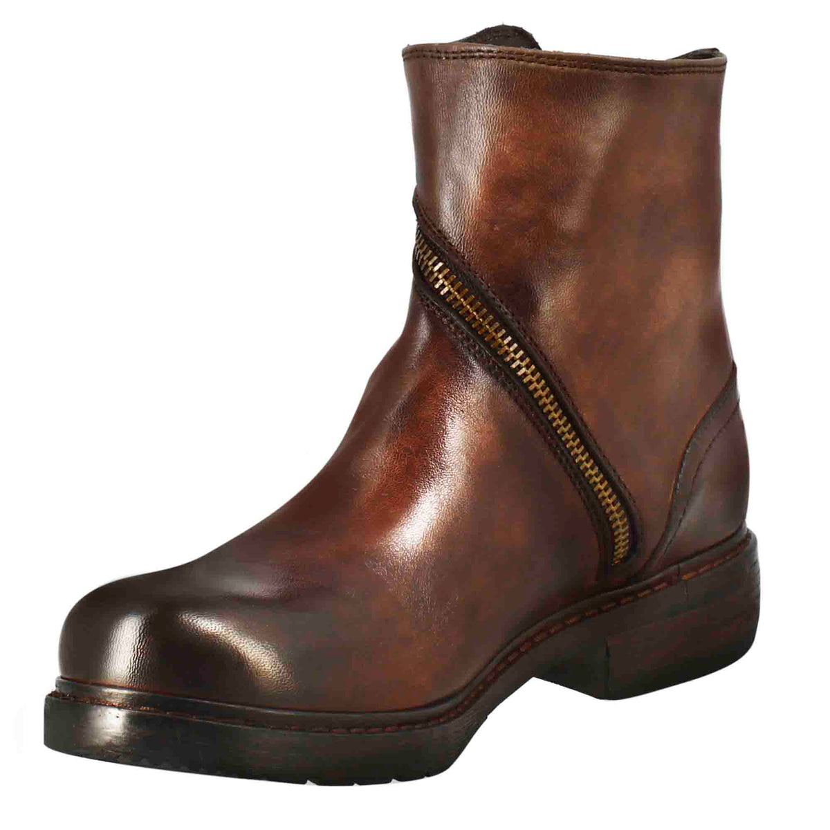 Stivaletto da donna in pelle lavata colore marrone con zip diagonale - LeonardoShoes