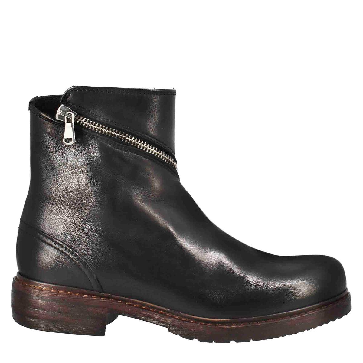 Stivaletto paupa da donna in pelle lavata colore nero con zip diagonale - LeonardoShoes
