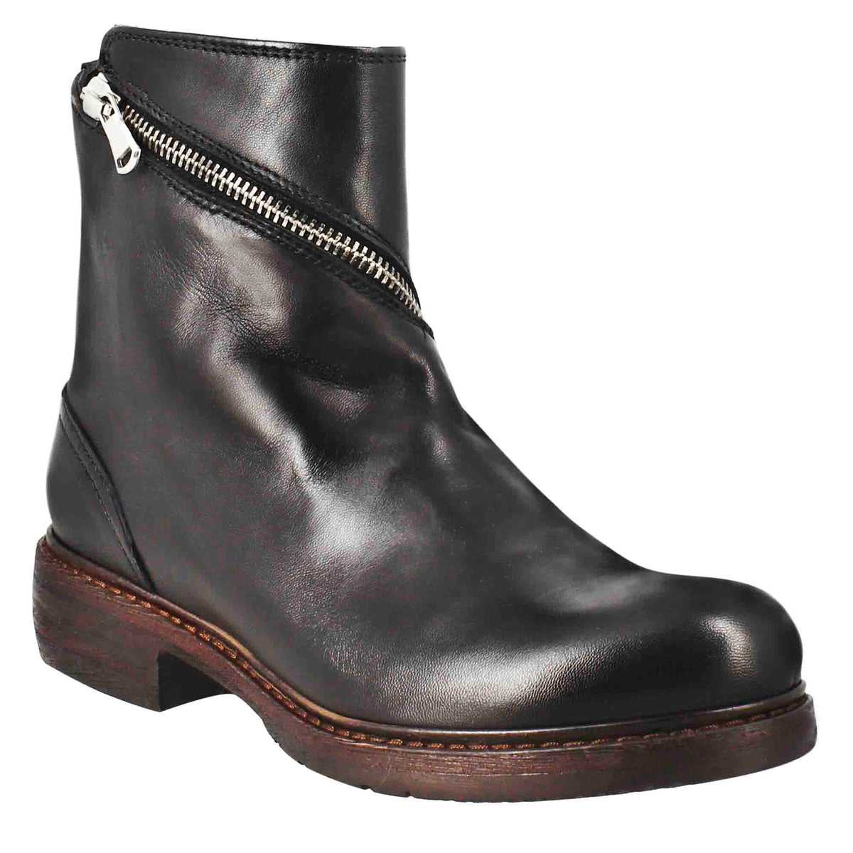 Stivaletto paupa da donna in pelle lavata colore nero con zip diagonale - LeonardoShoes