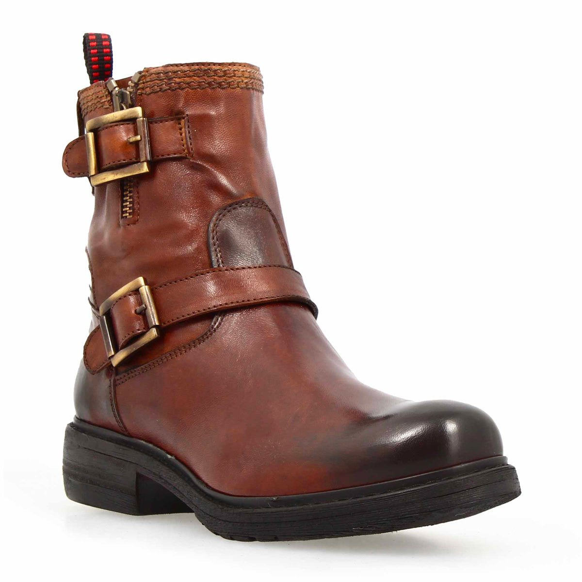 Stivaletto da donna con doppia fibbia in vera pelle colore marrone - LeonardoShoes