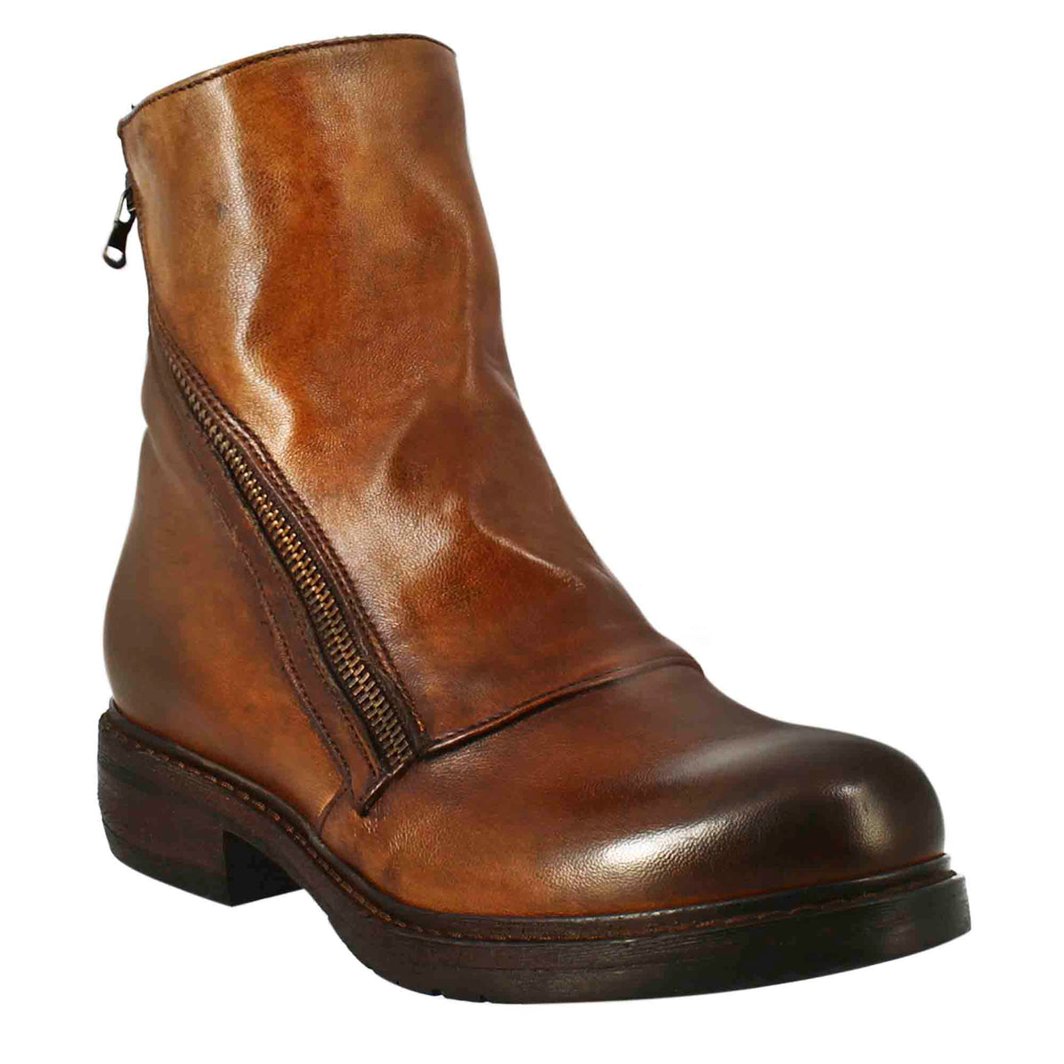 Stivaletto da donna in pelle lavata colore cuoio scuro con doppia zip - LeonardoShoes