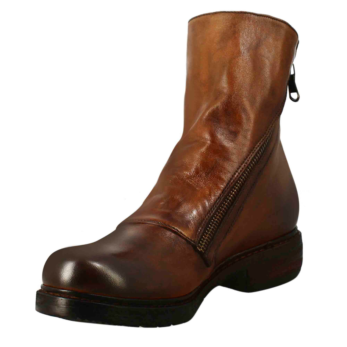 Stivaletto da donna in pelle lavata colore cuoio scuro con doppia zip - LeonardoShoes