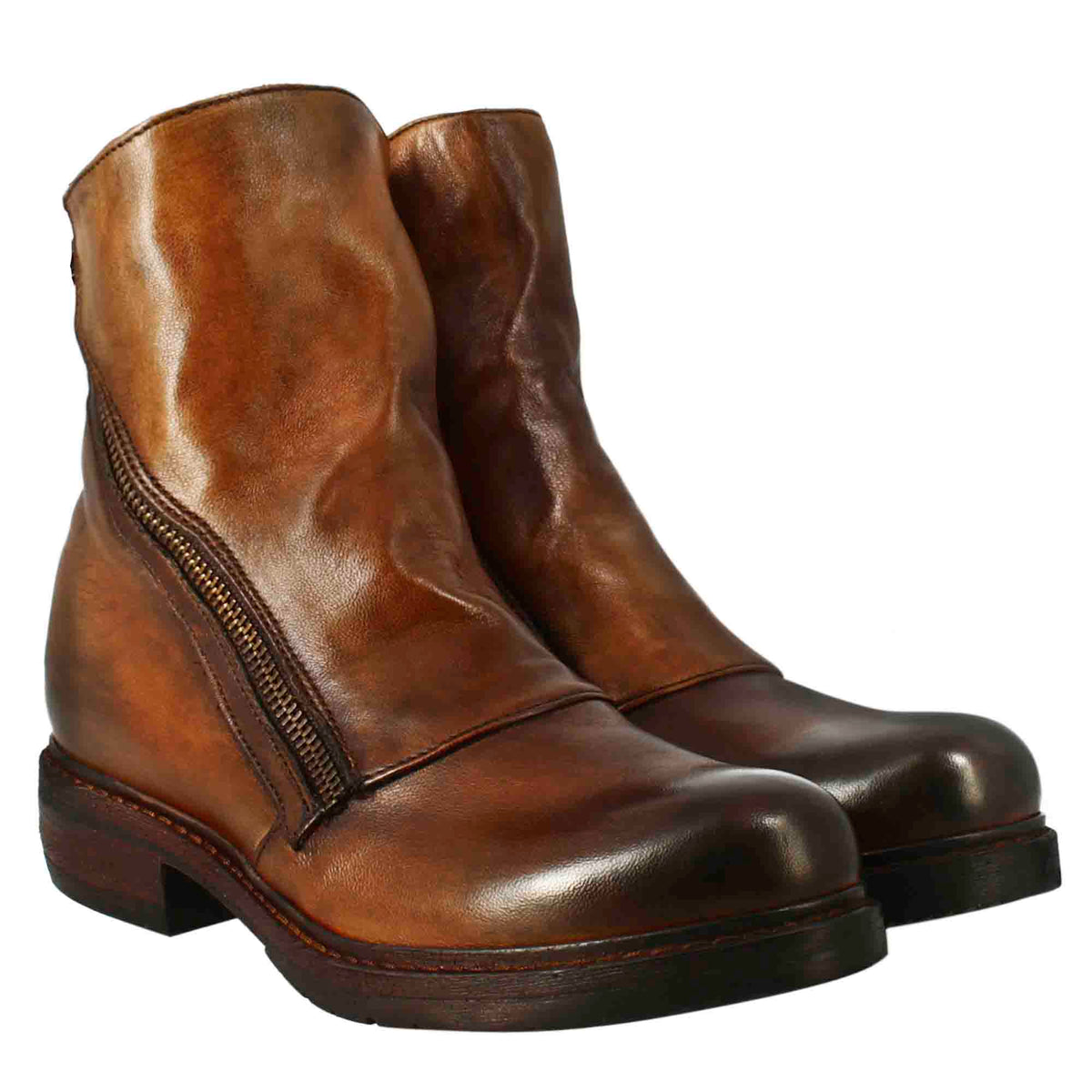 Stivaletto da donna in pelle lavata colore cuoio scuro con doppia zip - LeonardoShoes