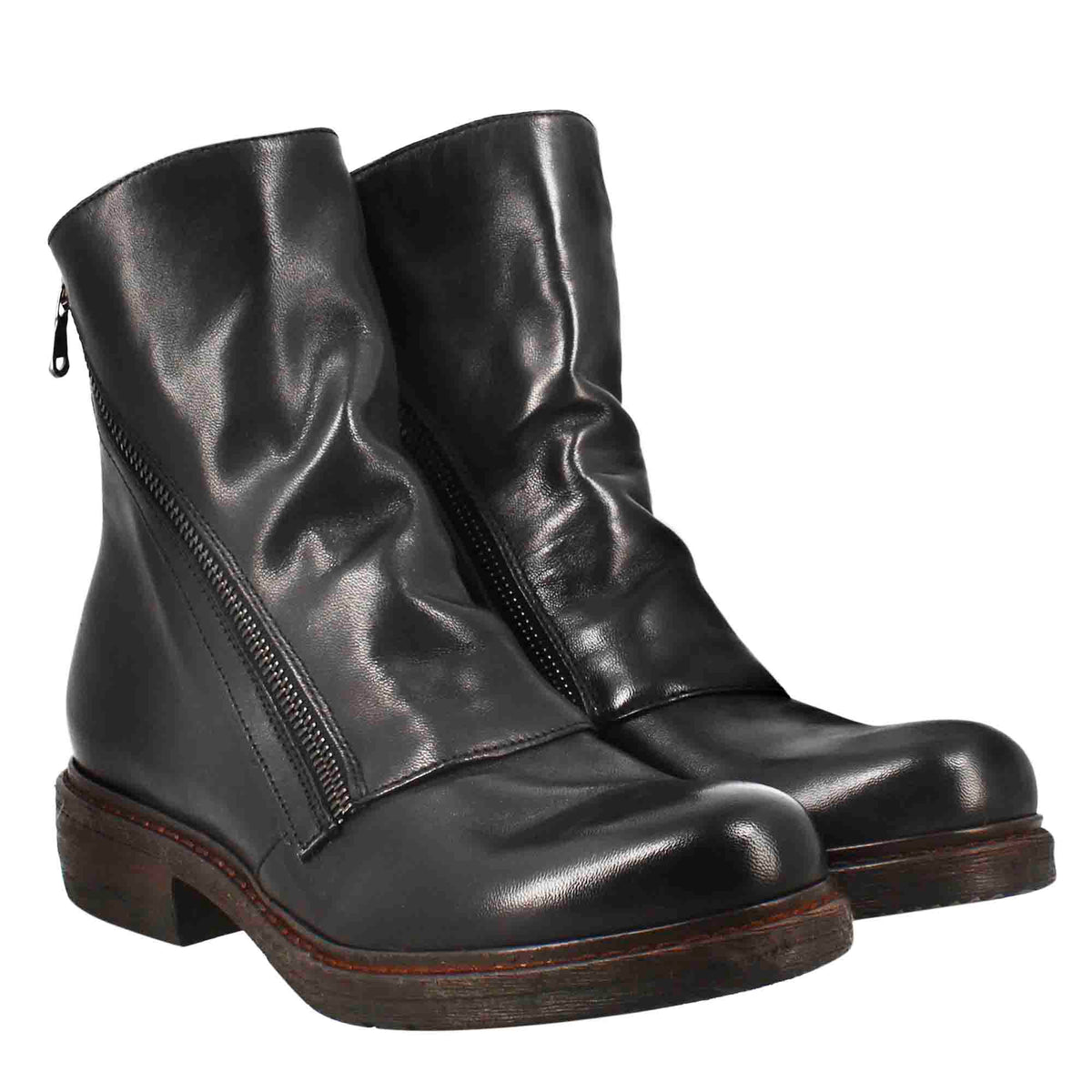 Stivaletto da donna in pelle lavata colore nero con doppia zip - LeonardoShoes