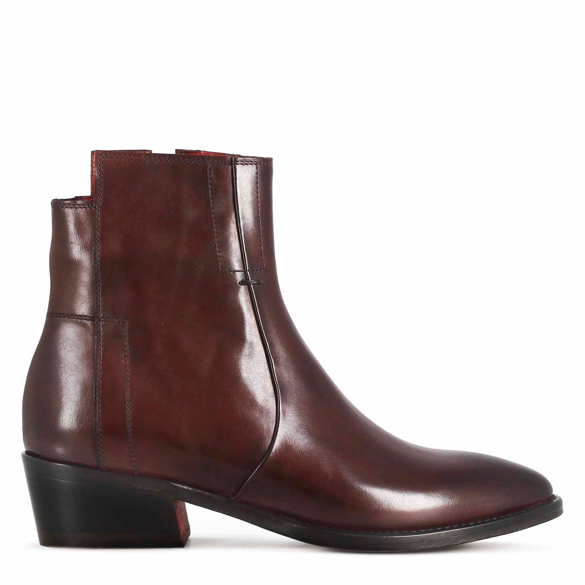 Stivaletto stile texano asimmetrico da donna in pelle colore bordeaux - LeonardoShoes