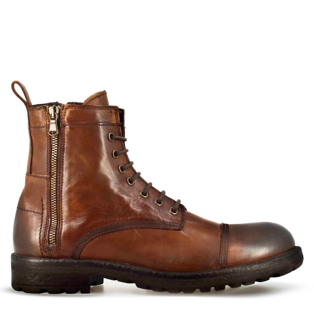 Anfibio in pelle colore marrone con allacciatura e cerniera - LeonardoShoes