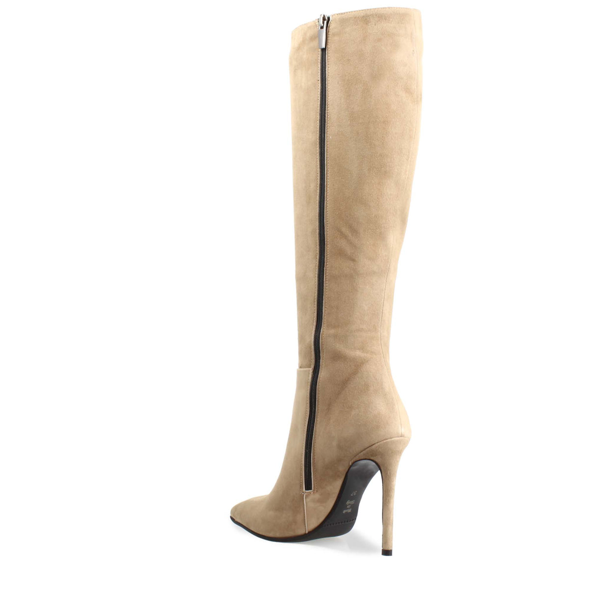 Stivali al ginocchio a punta con tacco a spillo da donna in camoscio beige - LeonardoShoes