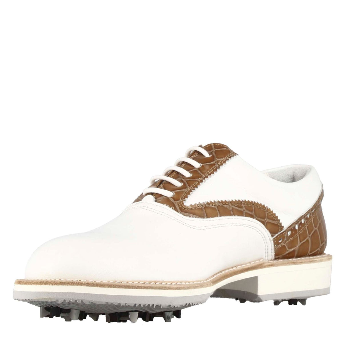 Scarpe da golf artigianali in pelle bianca con dettagli in colore marrone chiaro. - LeonardoShoes
