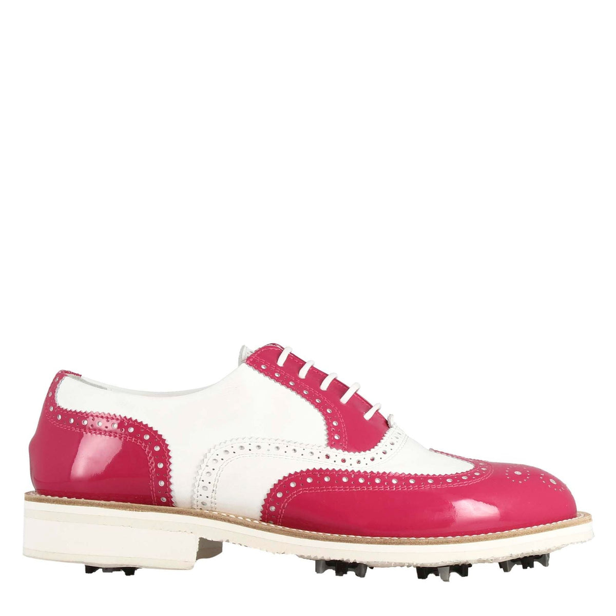Scarpe golf fatte a mano in pelle lucida colore bianco rosa. - LeonardoShoes