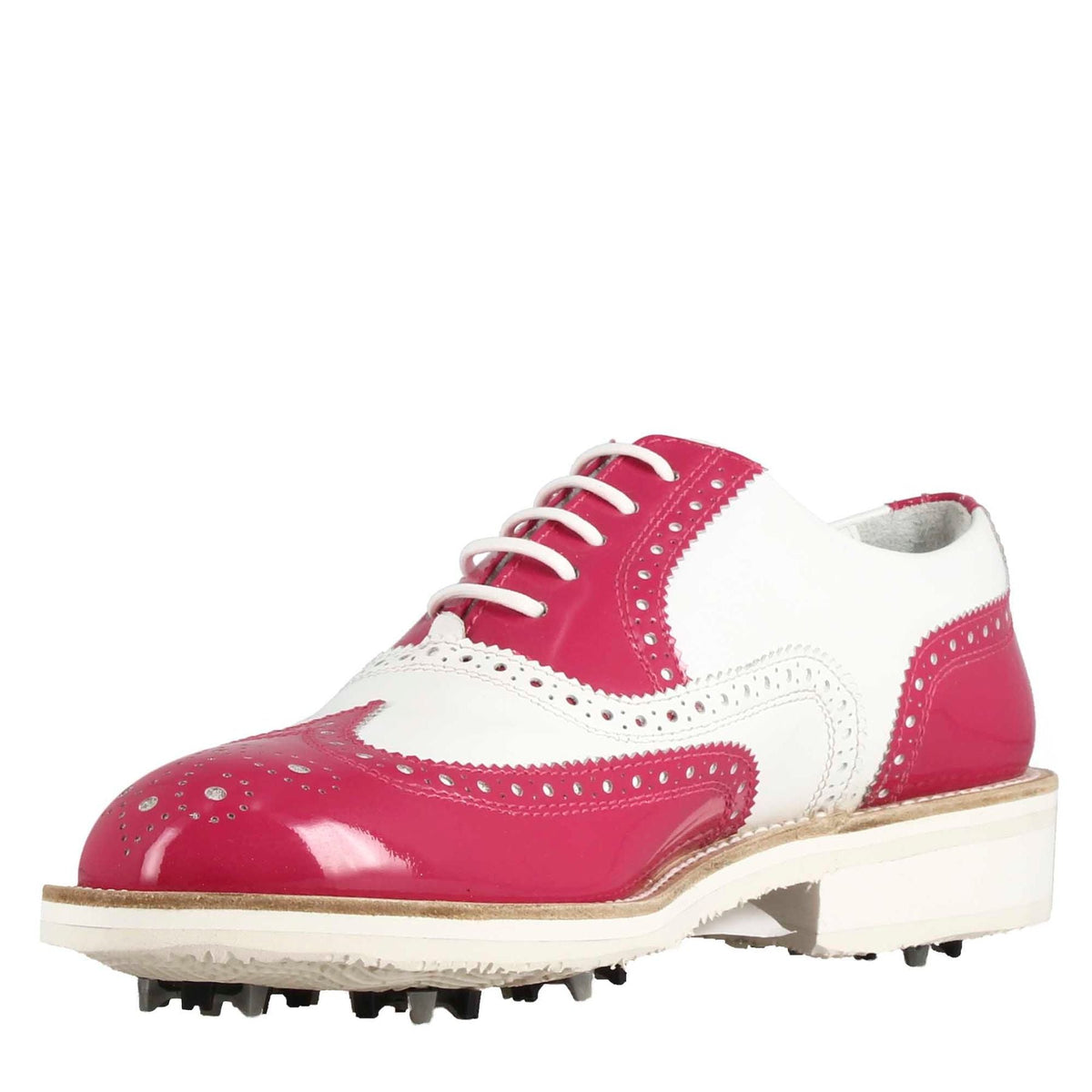 Scarpe golf fatte a mano in pelle lucida colore bianco rosa. - LeonardoShoes