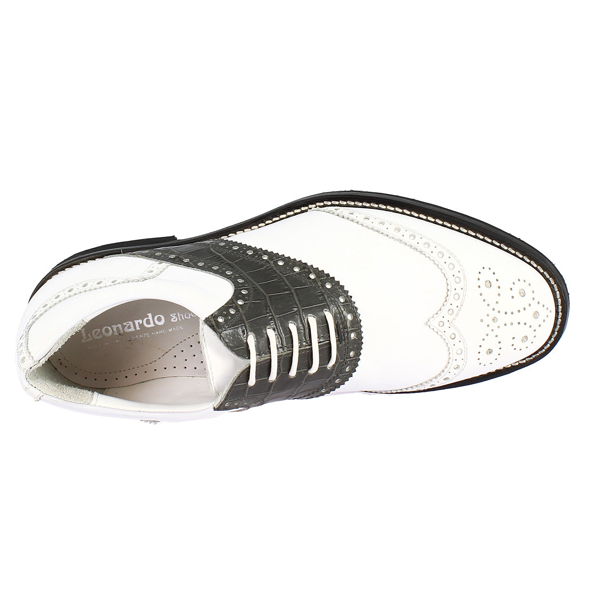 Scarpe da golf classiche artigianali in pelle bianca e grigia - LeonardoShoes