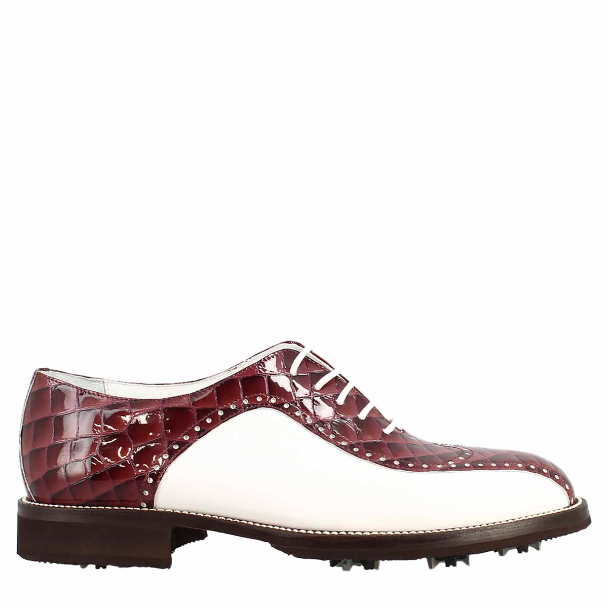 Scarpe da golf da donna colore bianco e bordeaux cocco artigianali in pelle - LeonardoShoes