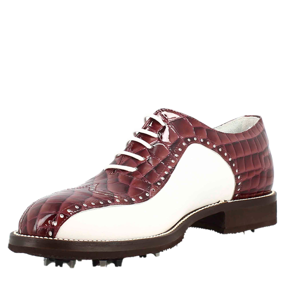 Scarpe da golf da donna colore bianco e bordeaux cocco artigianali in pelle - LeonardoShoes