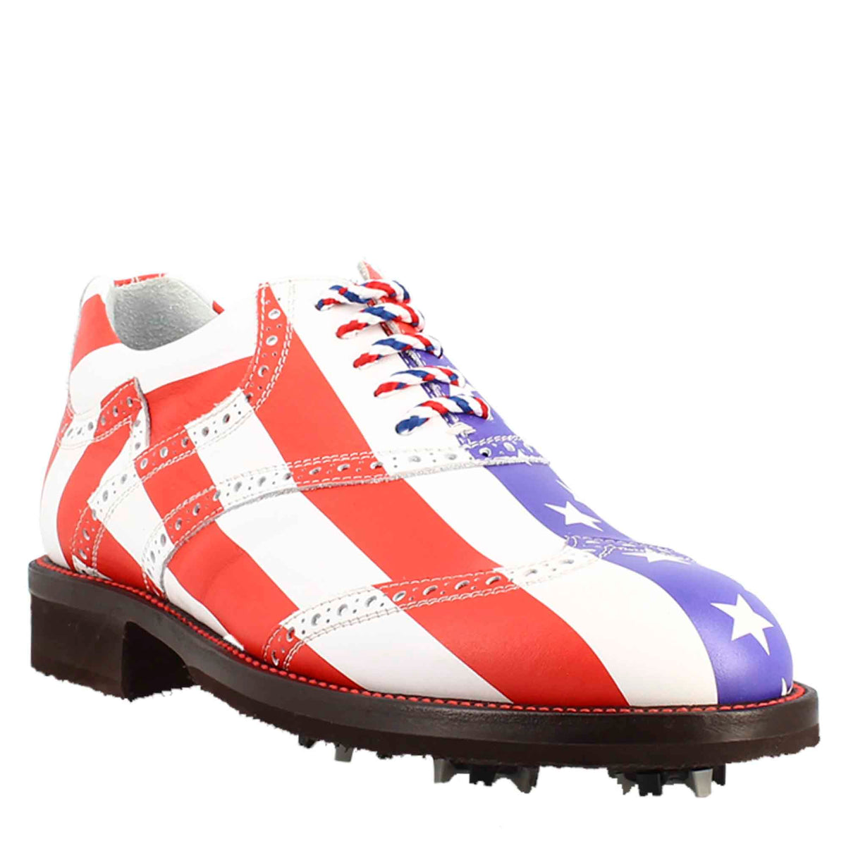 Scarpe da golf USA blu rosso e bianco dettagli brogue artigianali in pelle - LeonardoShoes