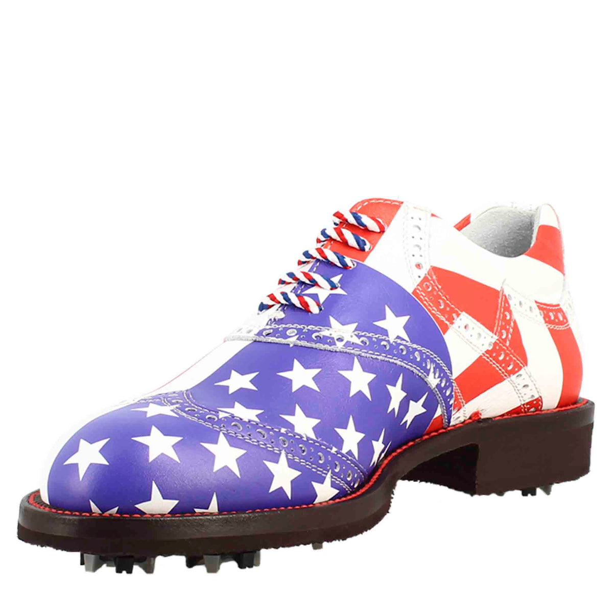 Scarpe da golf USA blu rosso e bianco dettagli brogue artigianali in pelle - LeonardoShoes