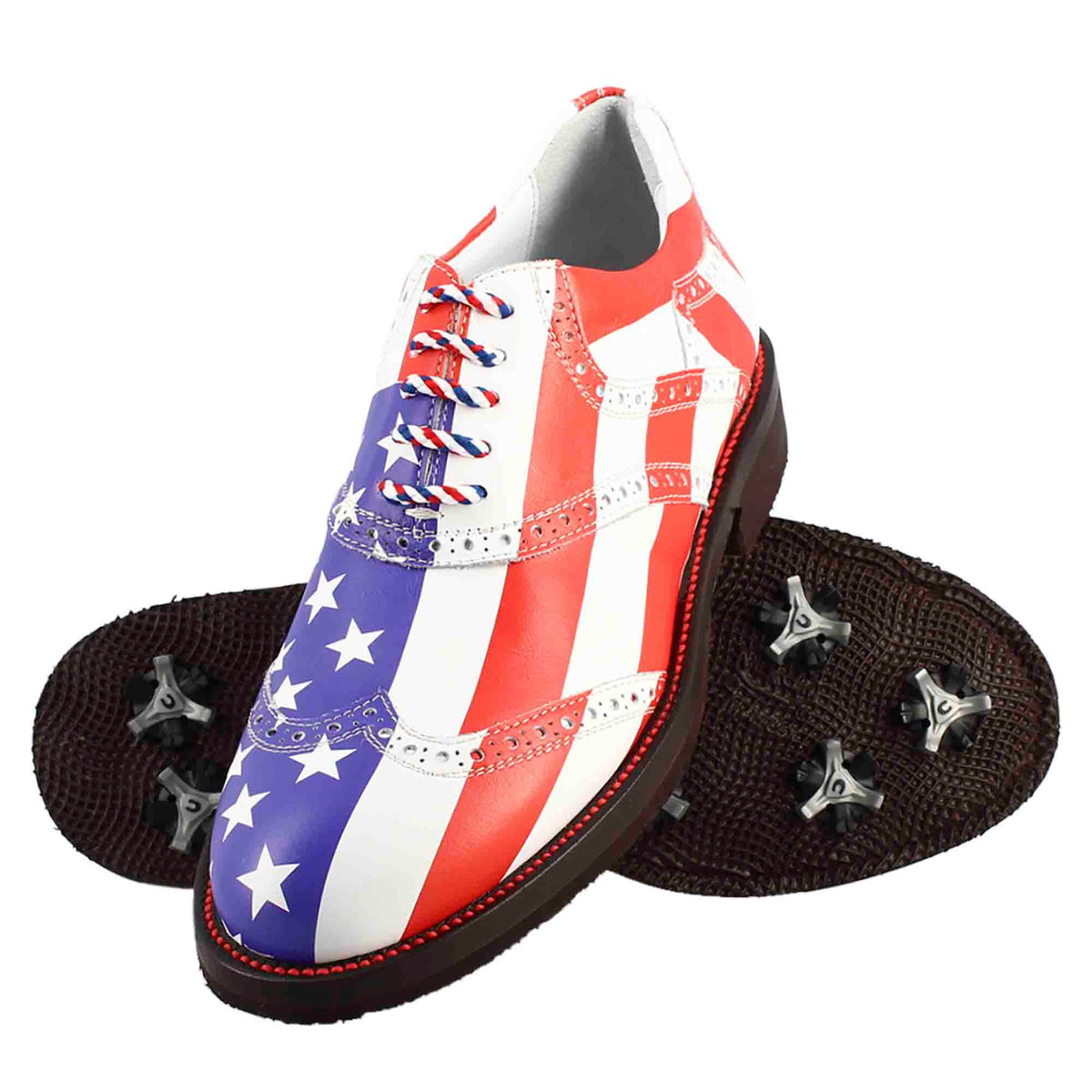 Scarpe da golf USA blu rosso e bianco dettagli brogue artigianali in pelle - LeonardoShoes