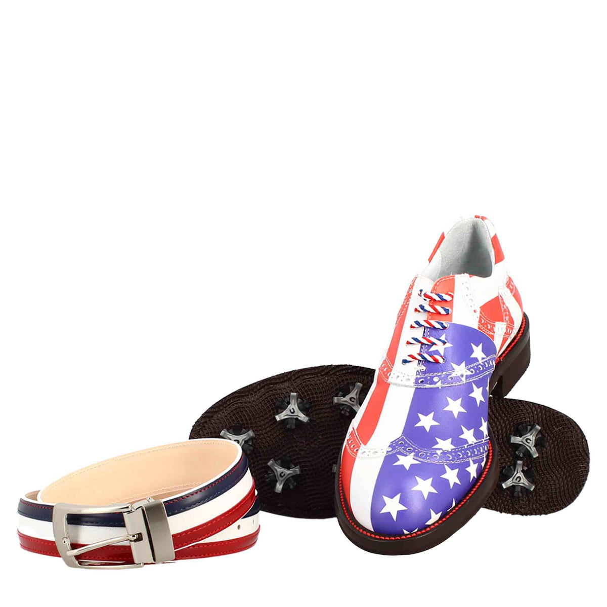 Scarpe da golf USA blu rosso e bianco dettagli brogue artigianali in pelle - LeonardoShoes