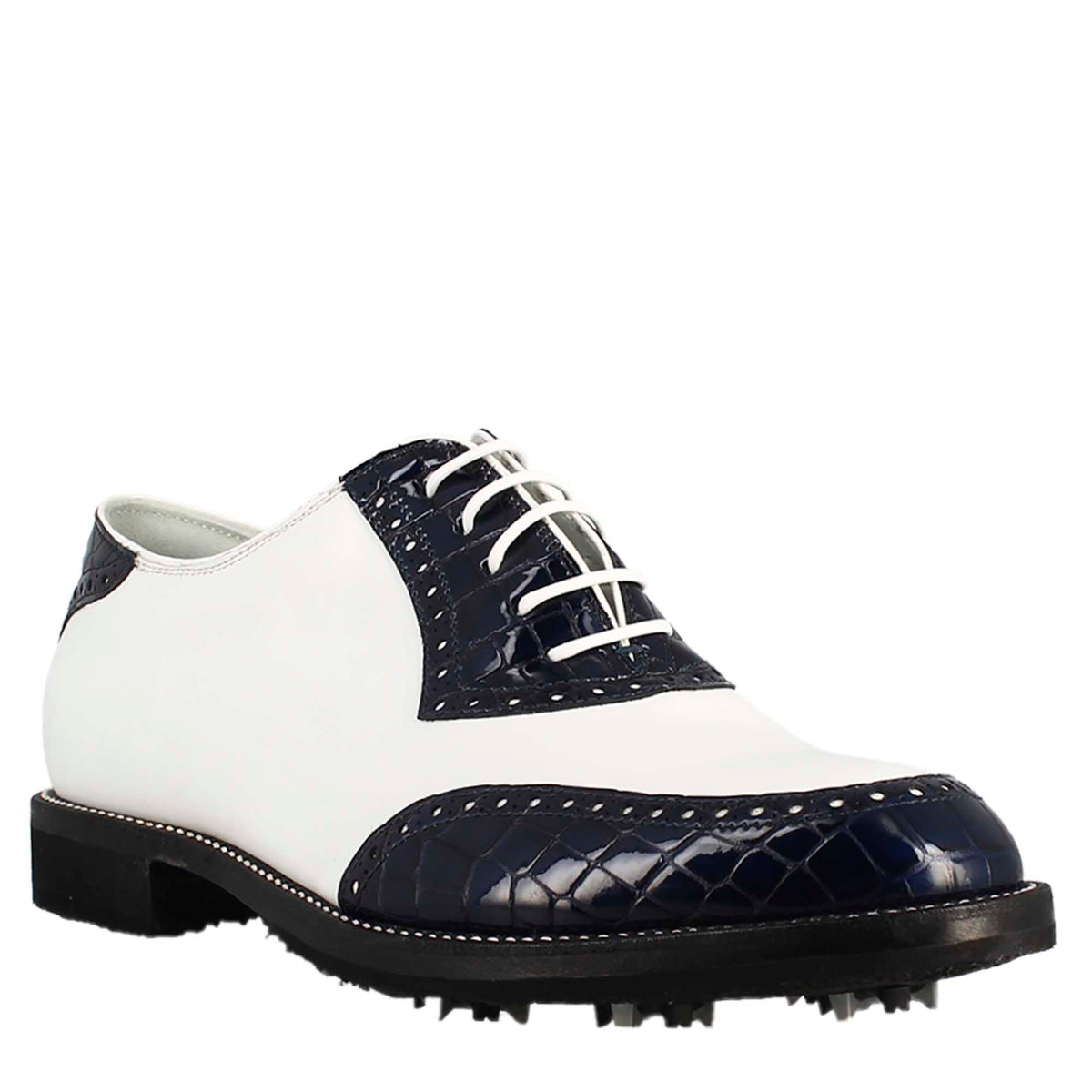 Scarpe golf artigianali in pelle bianco e cocco blu - LeonardoShoes